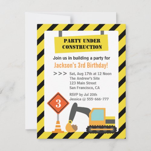 Excavator Construction Theme kids Birthday Party Invitation