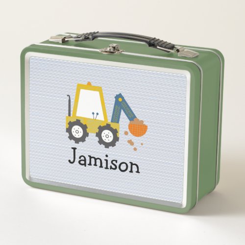 Excavator Construction Truck Striped  Metal Lunch Box