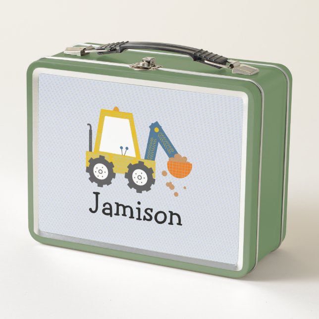 Excavator Construction Truck Striped  Metal Lunch Box (Front)
