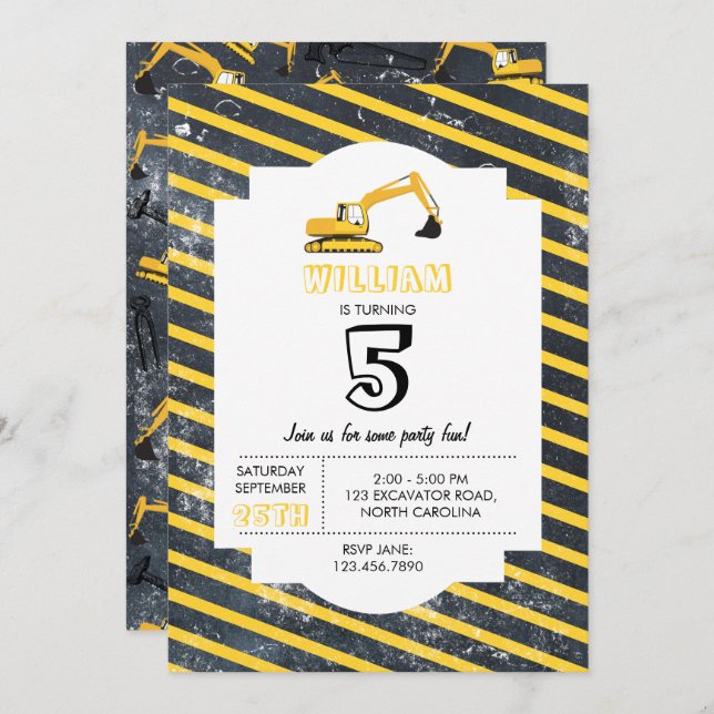 Excavator Construction Trucks and Tools Birthday Invitation (Front/Back)