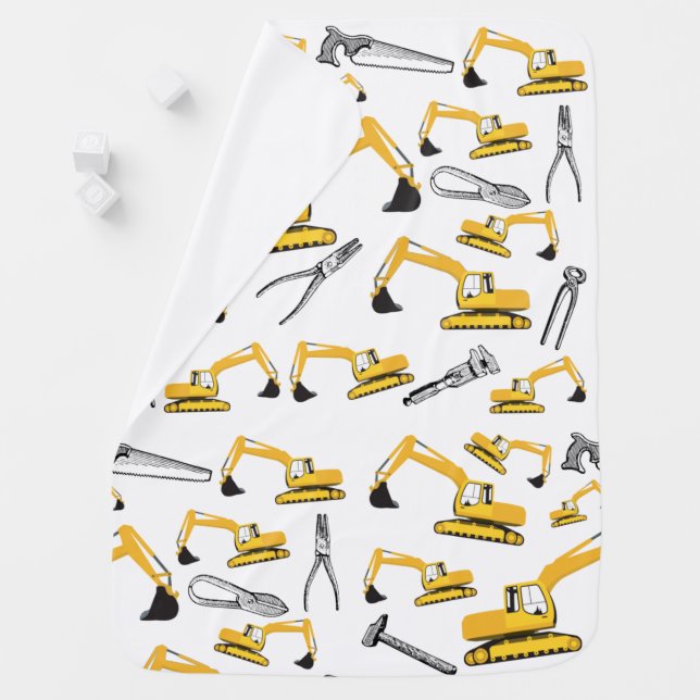 Excavator Construction Trucks and Tools Pattern Baby Blanket (In Situ)