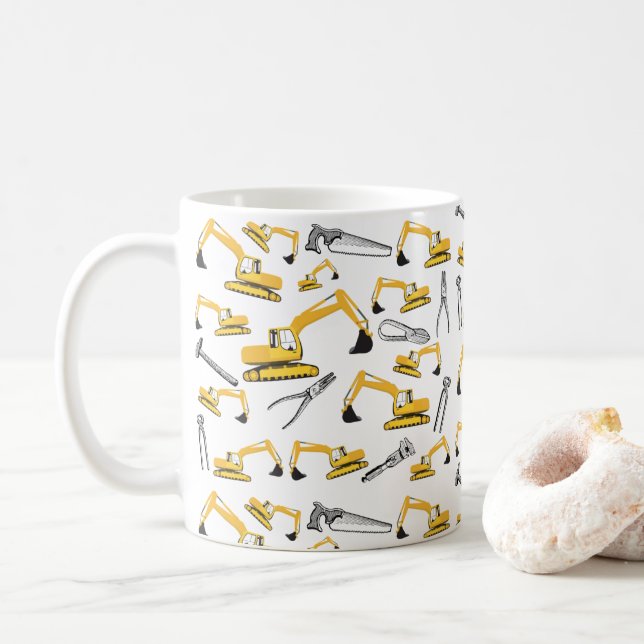 Excavator Construction Trucks and Tools Pattern Coffee Mug (With Donut)