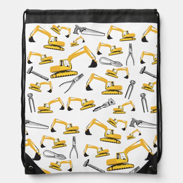Excavator Construction Trucks and Tools Pattern Drawstring Bag (Front)