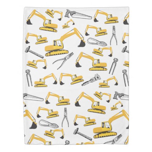 Excavator Construction Trucks and Tools Pattern Duvet Cover