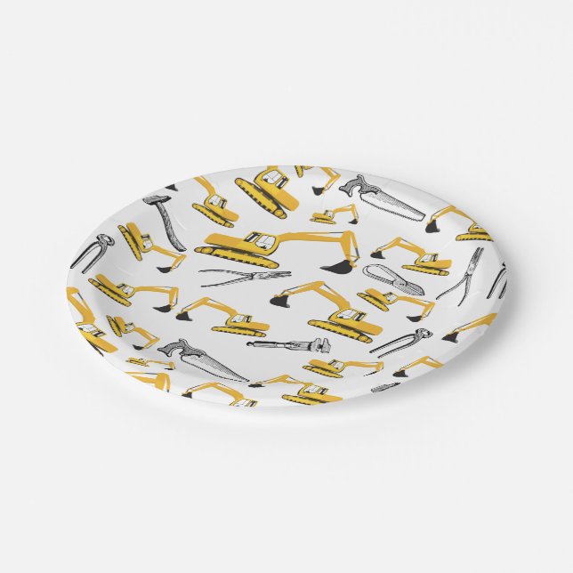 Excavator Construction Trucks and Tools Pattern Paper Plates (Angled)