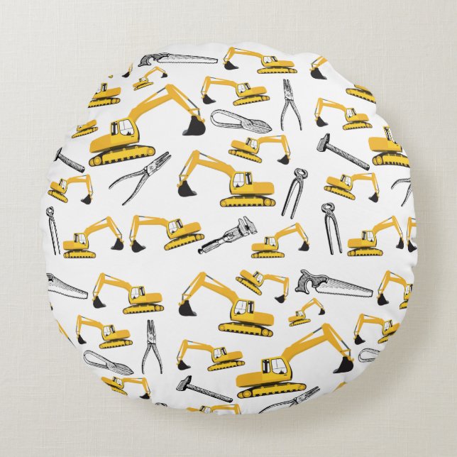 Excavator Construction Trucks and Tools Pattern Round Pillow (Front)