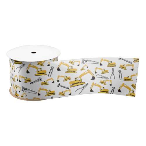 Excavator Construction Trucks and Tools Pattern Satin Ribbon