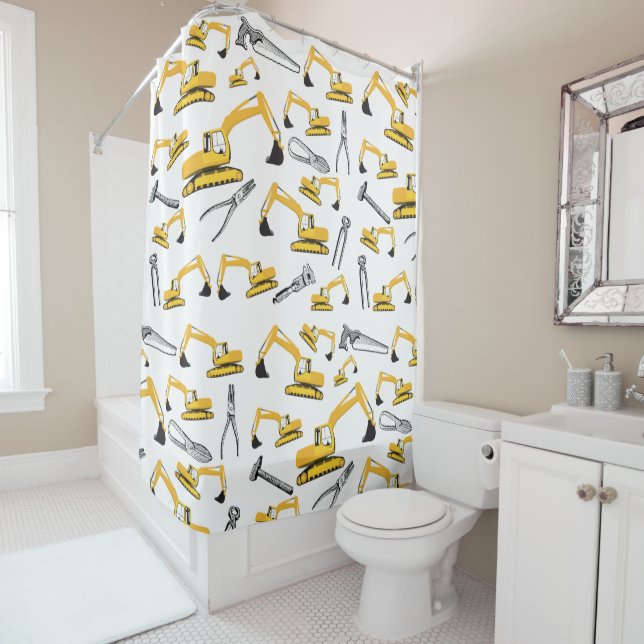 Excavator Construction Trucks and Tools Pattern Shower Curtain (In Situ)