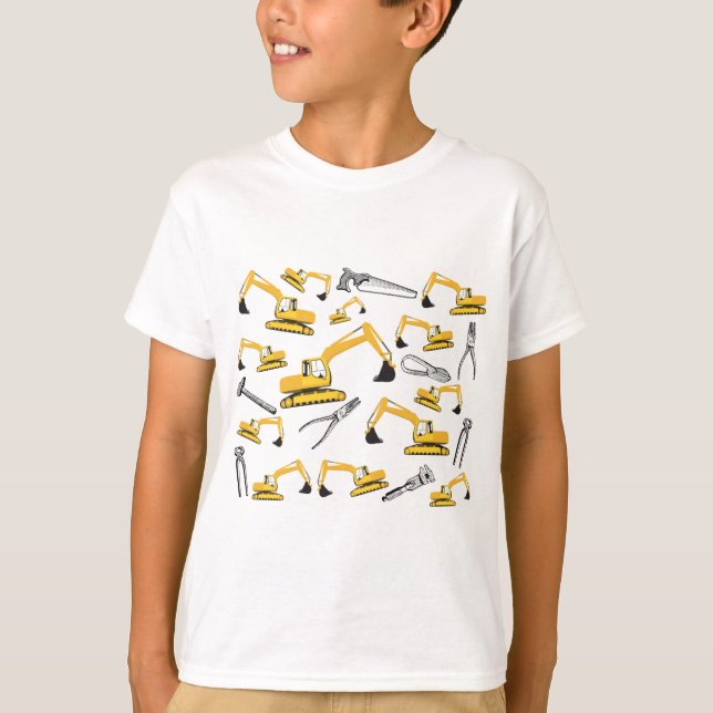 Excavator Construction Trucks and Tools Pattern T-Shirt (Front)