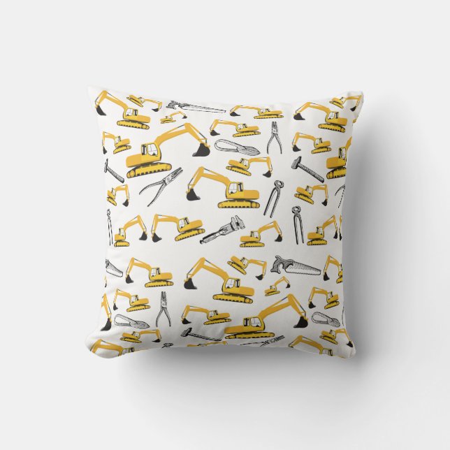 Excavator Construction Trucks and Tools Pattern Throw Pillow (Front)