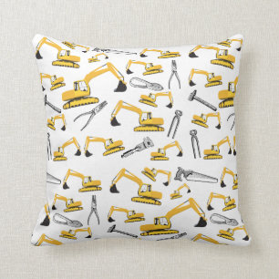 Excavator Construction Trucks and Tools Pattern Throw Pillow