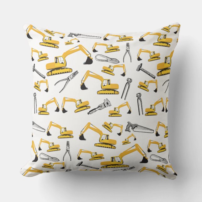 Excavator Construction Trucks and Tools Pattern Throw Pillow (Front)