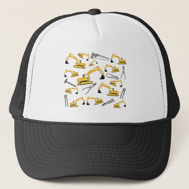 Excavator Construction Trucks and Tools Pattern Trucker Hat (Front)
