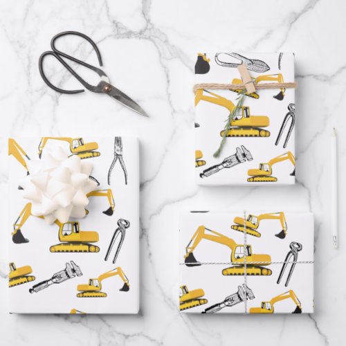 Excavator Construction Trucks and Tools Pattern Wrapping Paper Sheets