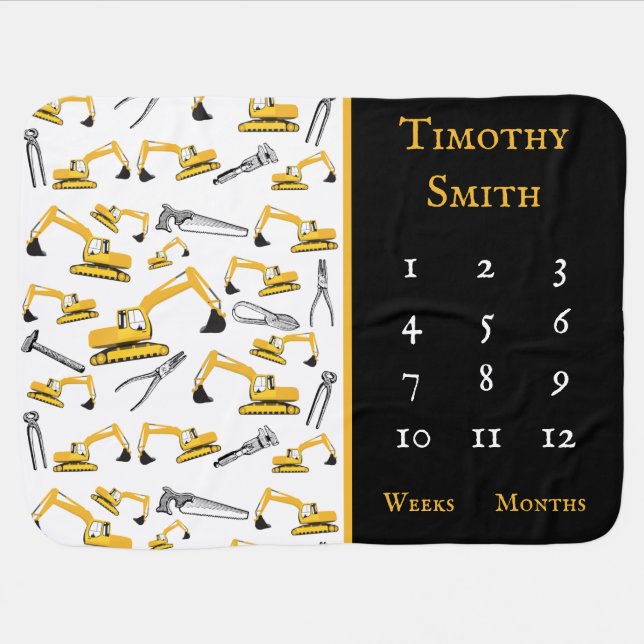 Excavator Construction Trucks & Tools Milestone Baby Blanket (Horizontal)