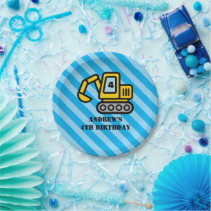 Excavator construction vehicle kid's Birthday Paper Plates