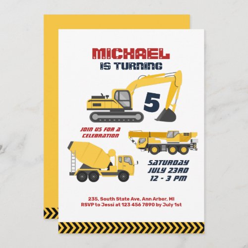 Excavator Crane Construction Builder Boys Birthday Invitation