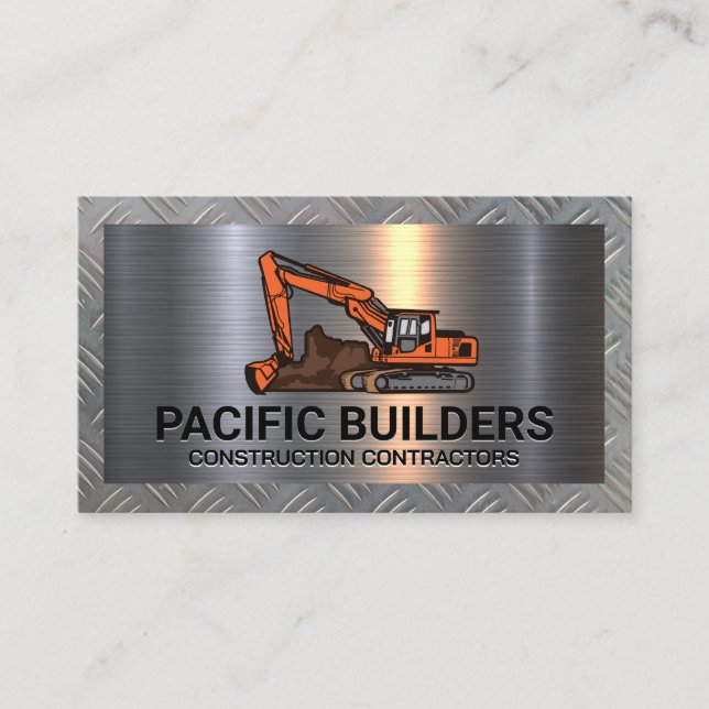 Excavator Digging | Steel Plate Metal Business Card (Front)