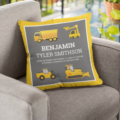 Excavator Dump Truck Construction Baby Birth Stats Throw Pillow