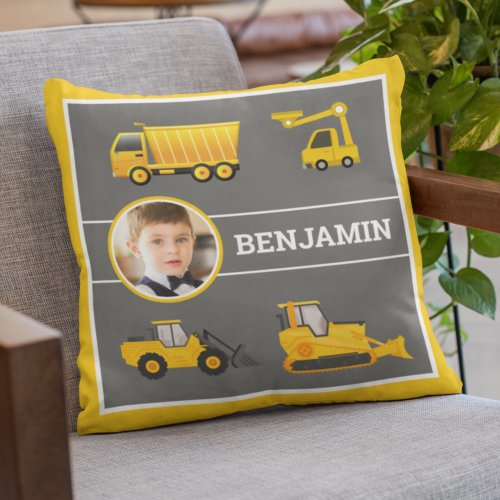 Excavator Dump Truck Construction Photo Kids Room Throw Pillow