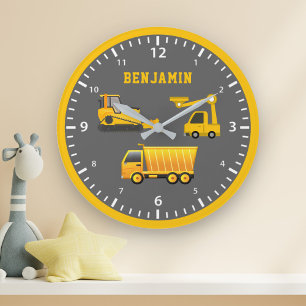 Excavator Dump Truck Construction Theme Kids Room Large Clock