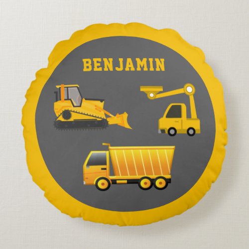 Excavator Dump Truck Construction Theme Kids Room Round Pillow