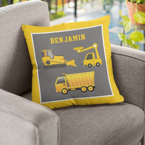 Excavator Dump Truck Construction Theme Kids Room Throw Pillow