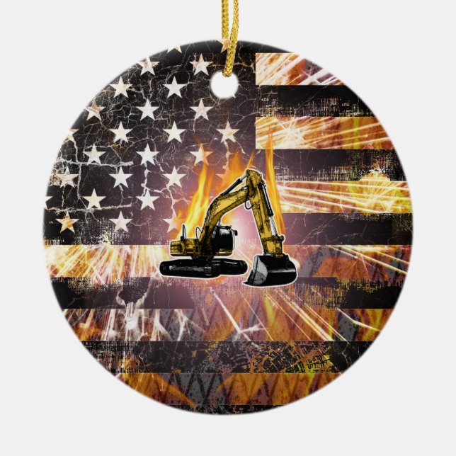 Excavator Flag Sparks Ceramic Ornament (Front)