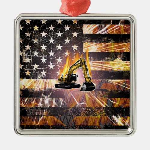 Excavator Flag Sparks Metal Ornament