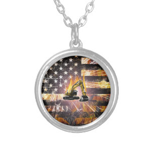 Excavator Flag Sparks Silver Plated Necklace