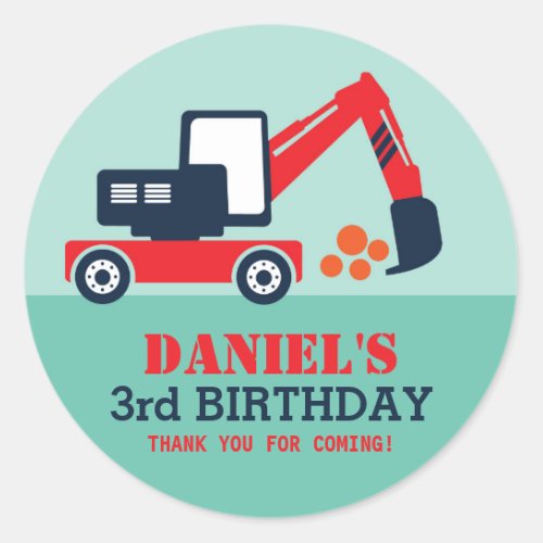 Excavator Kid Builder Birthday Party Favor Sticker