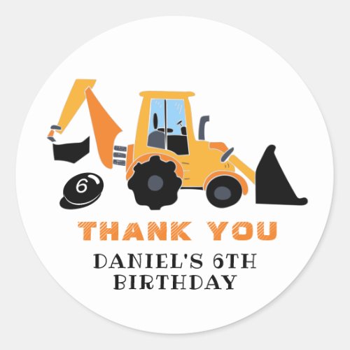 Excavator Kids Birthday Party Construction Builder Classic Round Sticker