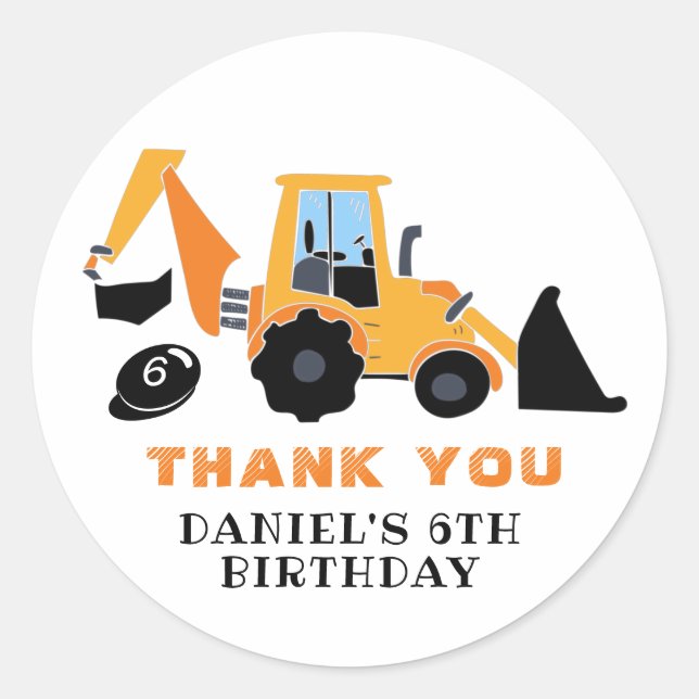 Excavator Kids Birthday Party Construction Builder Classic Round Sticker (Front)