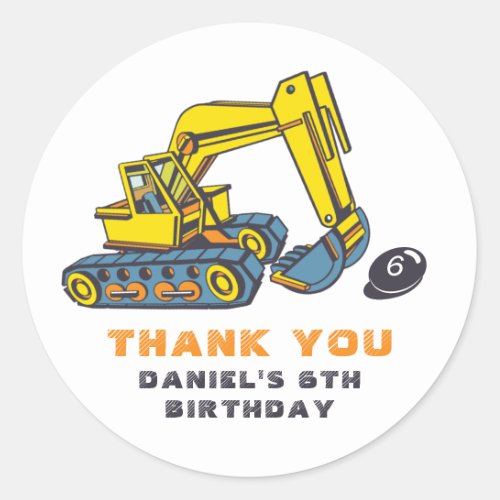 Excavator Kids Birthday Party Construction Vehicle Classic Round Sticker