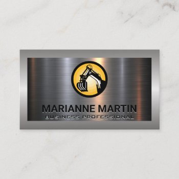 Excavator Logo | Metal Aluminum Silver Brushed Business Card by lovely_businesscards at Zazzle