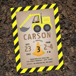Excavator Orange Cone Construction Birthday Invitation