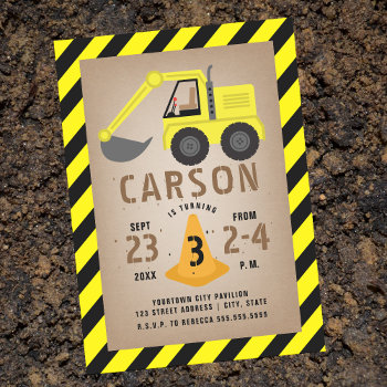 Excavator Orange Cone Construction Birthday Invitation by JillsPaperie at Zazzle
