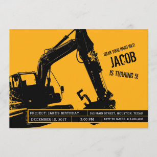Excavator Party Invitation for Construction Party