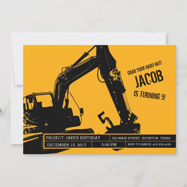Excavator Party Invitation for Construction Party (Front)