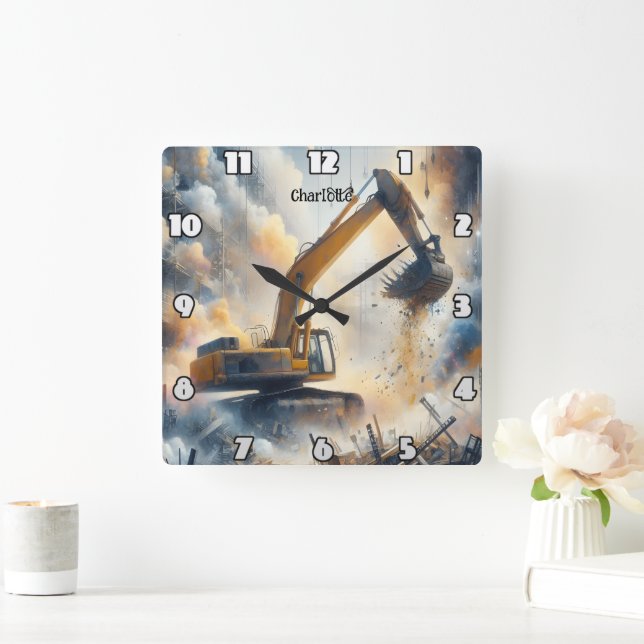 Excavator Power: Construction, Dust, Sky Square Wall Clock (Home)
