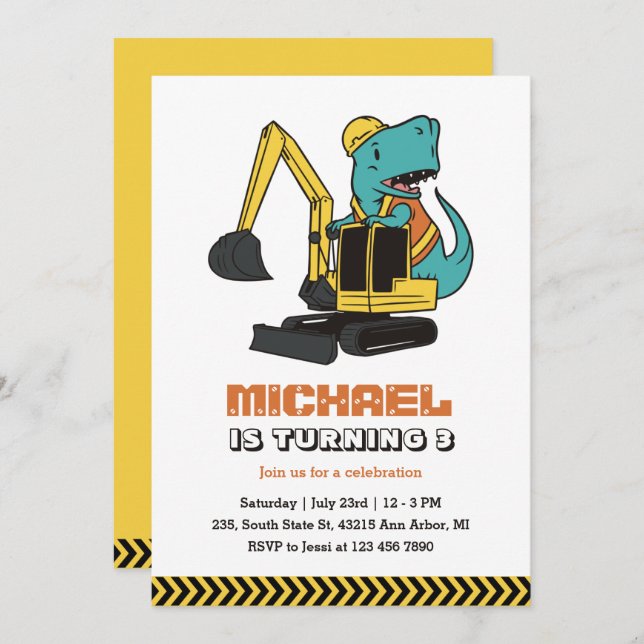 Excavator T-Rex Builder Construction Kids Birthday Invitation (Front/Back)