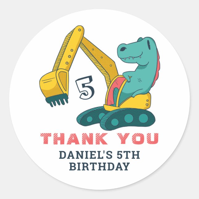 Excavator T-Rex Dinosaur Kids Birthday Party Classic Round Sticker (Front)