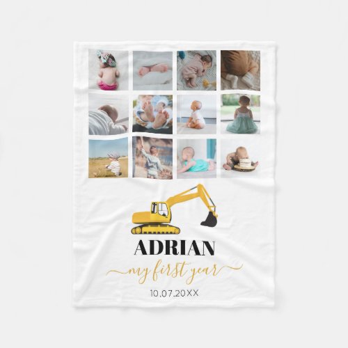 Excavator Truck Baby First Year Photo Collage Fleece Blanket