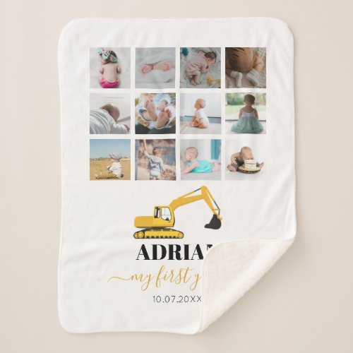 Excavator Truck Baby First Year Photo Collage Sherpa Blanket