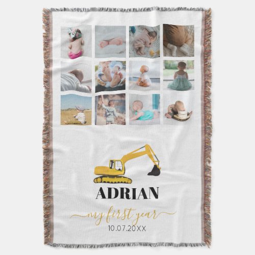 Excavator Truck Baby First Year Photo Collage Throw Blanket