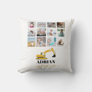 Excavator Truck Baby First Year Photo Collage Throw Pillow