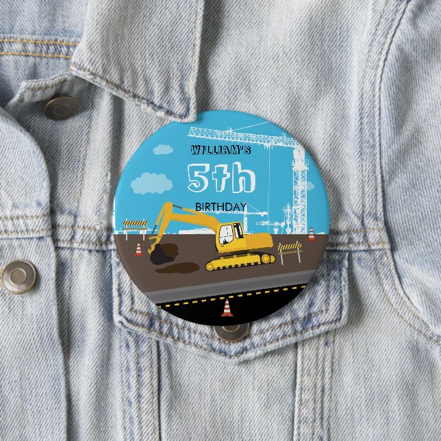Excavator Truck Construction Trucks Birthday Party Button (In Situ)