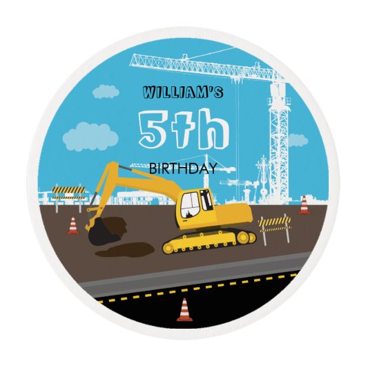 Excavator Truck Construction Trucks Birthday Party Edible Frosting Rounds (Front)