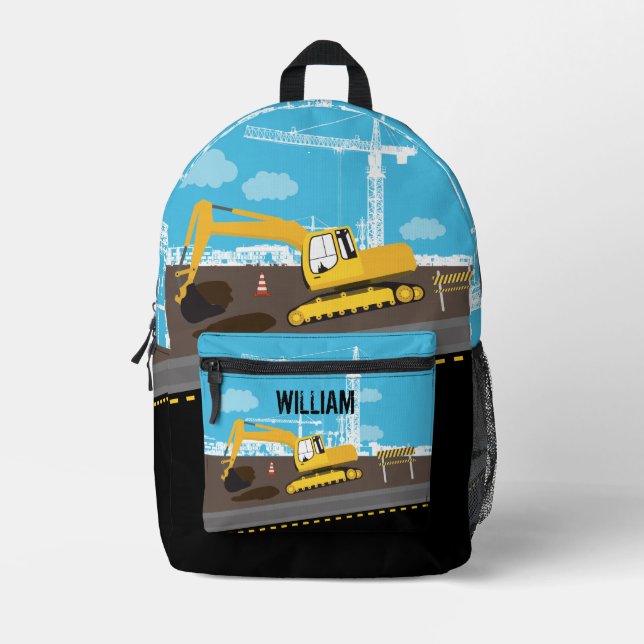 Excavator Truck Construction Trucks Site Boys Name Printed Backpack (Front)