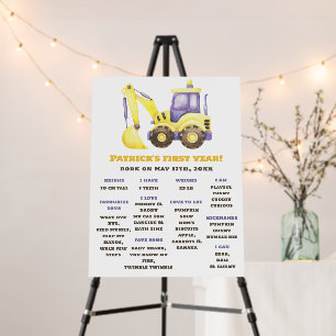 Excavator Truck First Birthday Milestone Birthday Foam Board